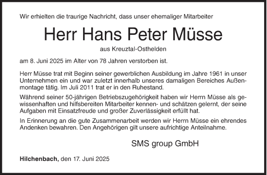 Traueranzeige von Hans Peter Müsse von Siegener Zeitung