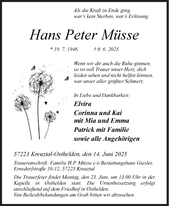 Traueranzeige von Hans Peter Müsse von Siegener Zeitung