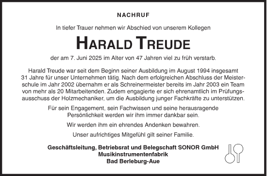 Traueranzeige von Harald Treude von Siegener Zeitung