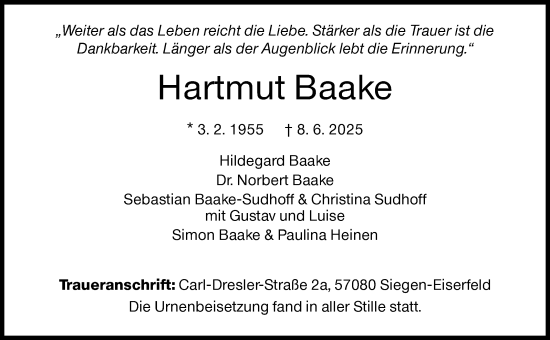 Traueranzeige von Hartmut Baake von Siegener Zeitung