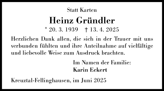 Traueranzeige von Heinz Gründler von Siegener Zeitung