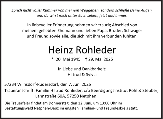 Traueranzeige von Heinz Rohleder von Siegener Zeitung