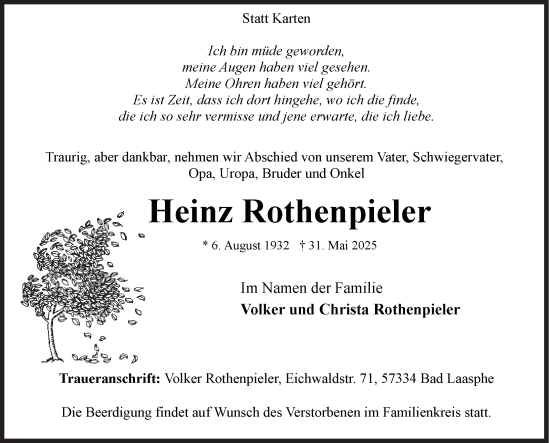 Traueranzeige von Heinz Rothenpieler von Siegener Zeitung