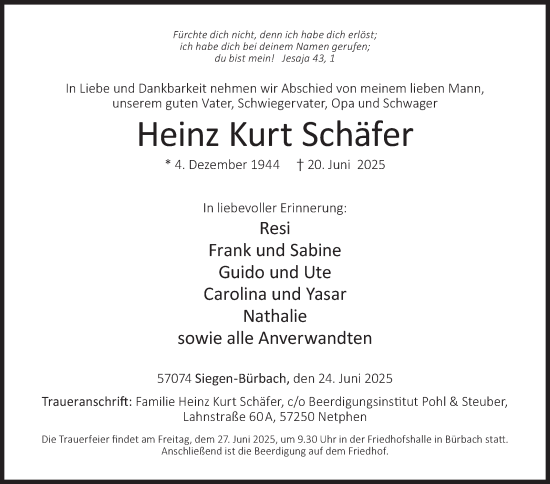 Traueranzeige von Heinz  Schäfer von Siegener Zeitung