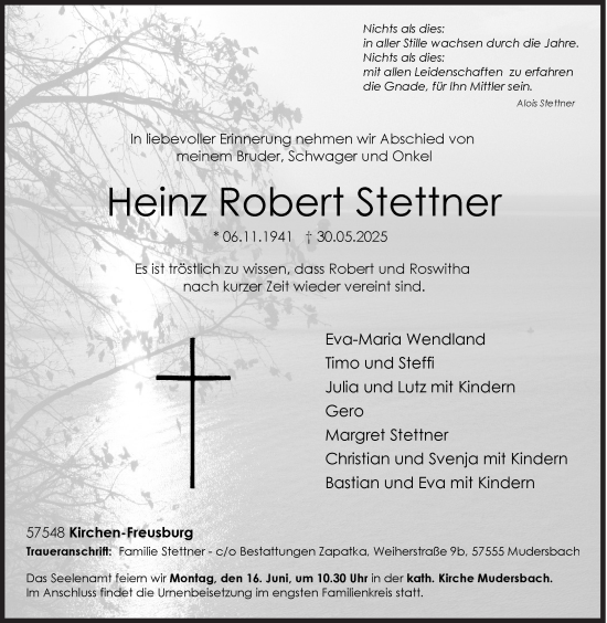 Traueranzeige von Heinz Robert Stettner von Siegener Zeitung