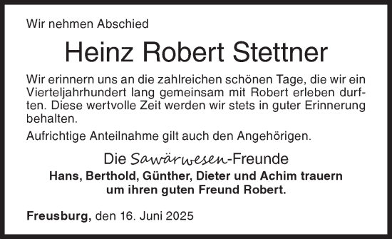 Traueranzeige von Heinz Robert Stettner von Siegener Zeitung