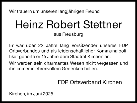 Traueranzeige von Heinz Robert Stettner von Siegener Zeitung