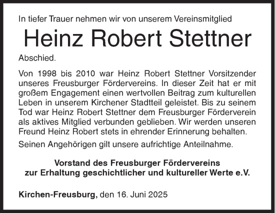 Traueranzeige von Heinz Robert Stettner von Siegener Zeitung