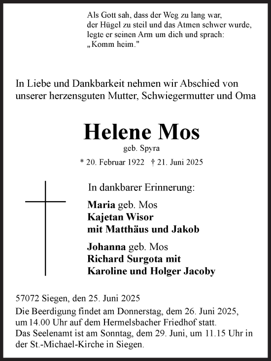 Traueranzeige von Helene Mos von Siegener Zeitung