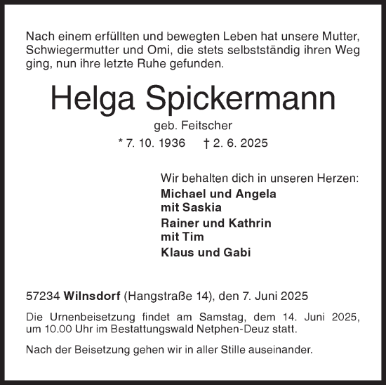 Traueranzeige von Helga Spickermann von Siegener Zeitung