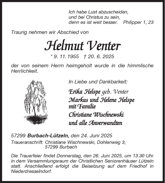 Traueranzeige von Helmut Venter von Siegener Zeitung