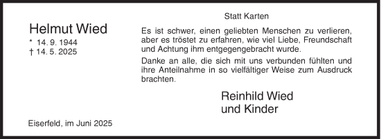 Traueranzeige von Helmut Wied von Siegener Zeitung