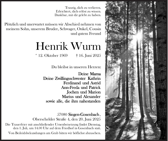 Traueranzeige von Henrik Wurm von Siegener Zeitung