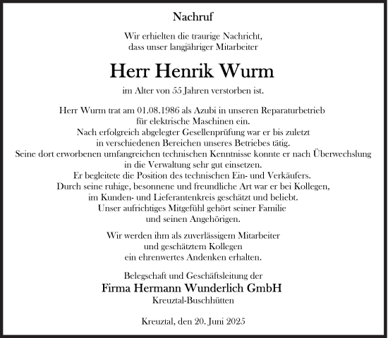 Traueranzeige von Henrik Wurm von Siegener Zeitung