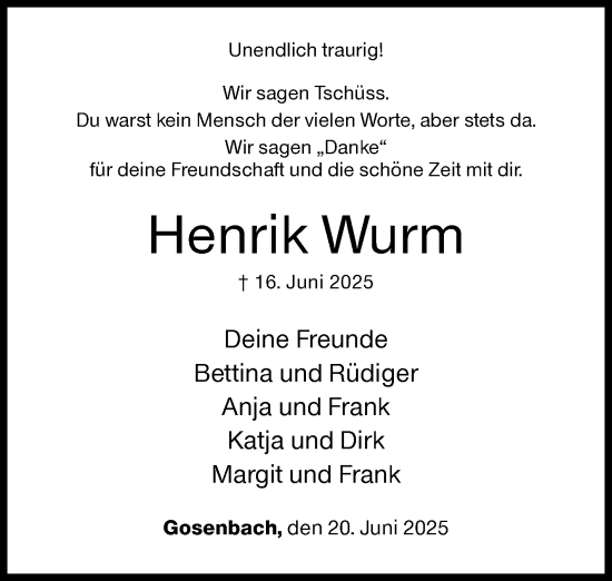 Traueranzeige von Henrik Wurm von Siegener Zeitung