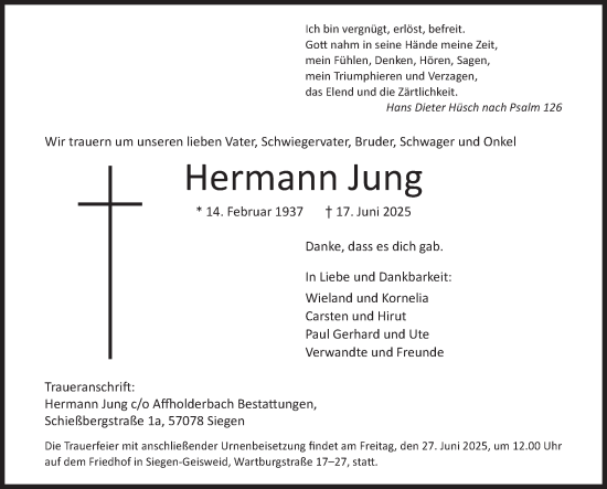 Traueranzeige von Hermann Jung von Siegener Zeitung