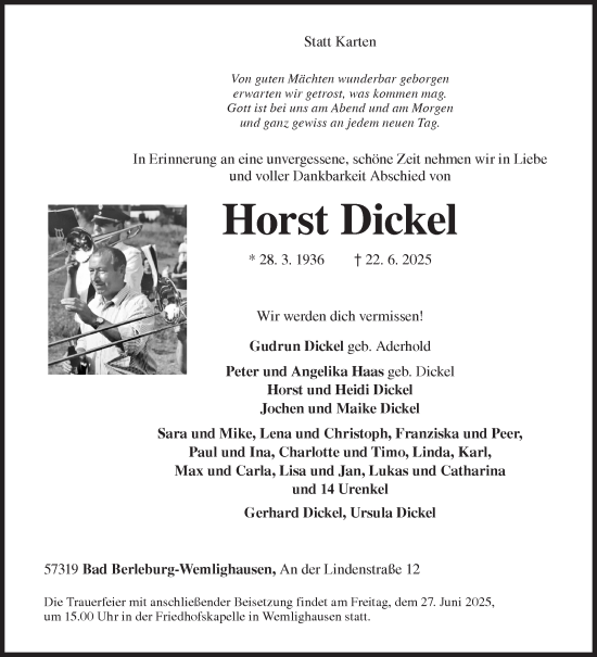 Traueranzeige von Horst Dickel von Siegener Zeitung