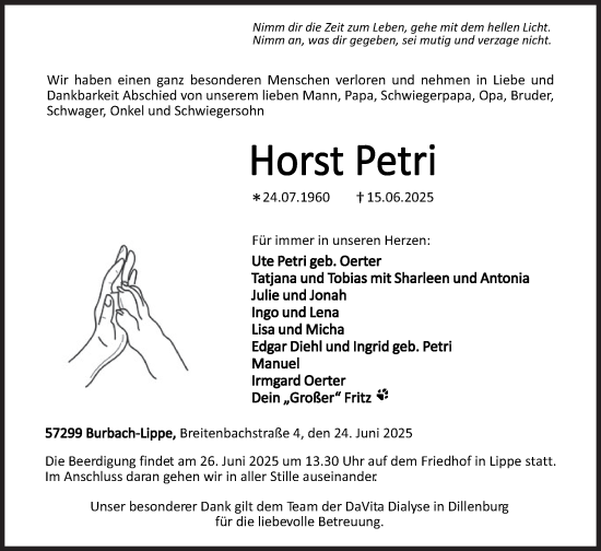 Traueranzeige von Horst Petri von Siegener Zeitung