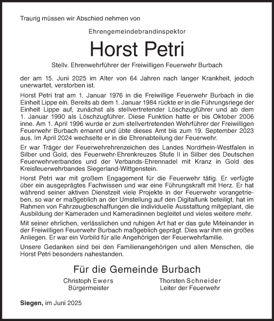 Traueranzeige von Horst Petri von Siegener Zeitung