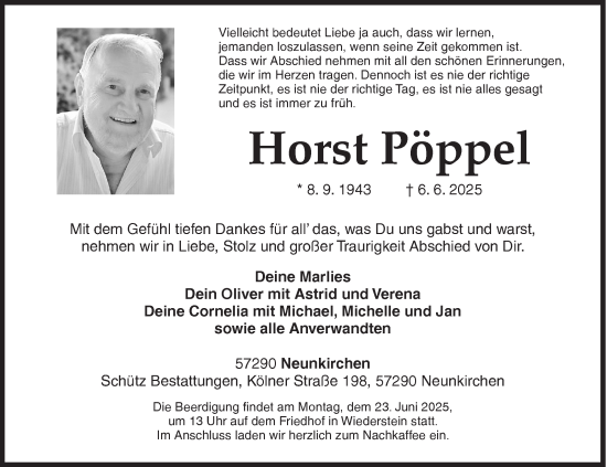 Traueranzeige von Horst Pöppel von Siegener Zeitung
