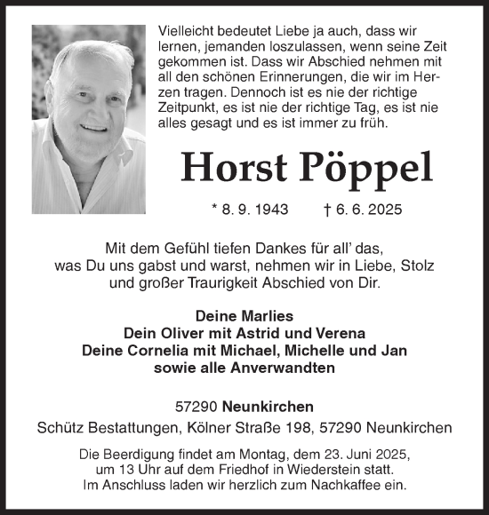 Traueranzeige von Horst Pöppel von Siegener Zeitung