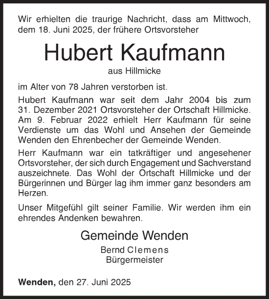 Traueranzeige von Hubert Kaufmann von Siegener Zeitung