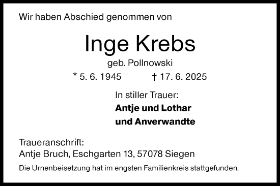 Traueranzeige von Inge Krebs von Siegener Zeitung
