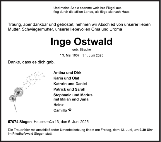 Traueranzeige von Inge Ostwald von Siegener Zeitung