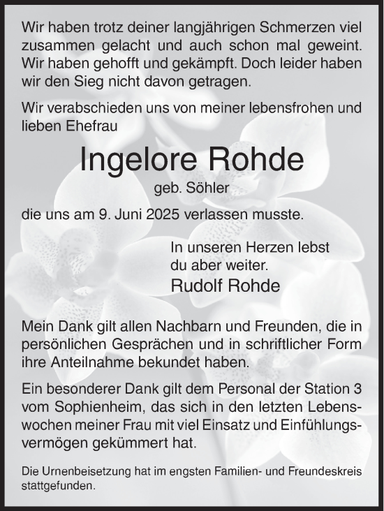 Traueranzeige von Ingelore Rohde von Siegener Zeitung