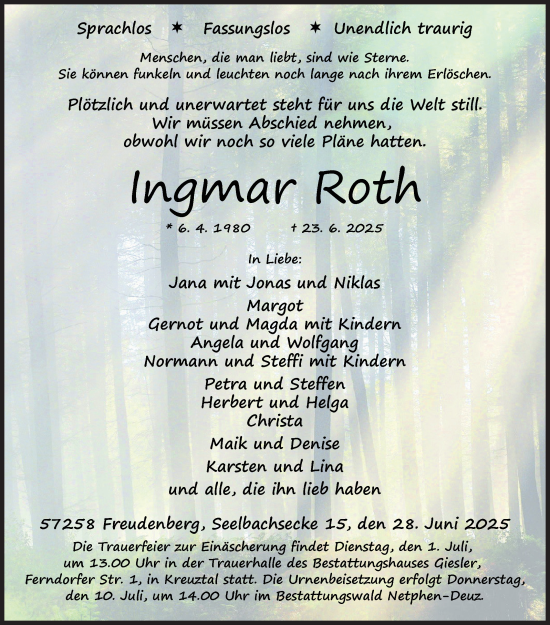 Traueranzeige von Ingmar Roth von Siegener Zeitung