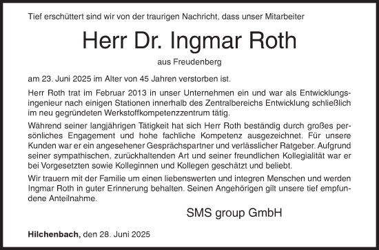 Traueranzeige von Ingmar Roth von Siegener Zeitung