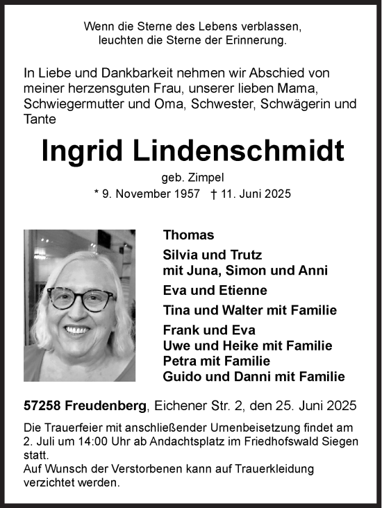 Traueranzeige von Ingrid Lindenschmidt von Siegener Zeitung