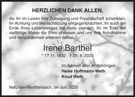 Traueranzeige von Irene Barthel von Siegener Zeitung