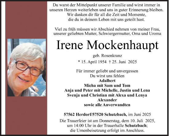 Traueranzeige von Irene Mockenhaupt von Siegener Zeitung
