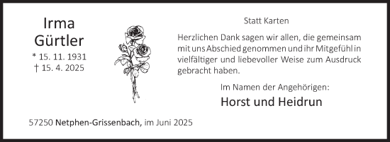 Traueranzeige von Irma Gürtler von Siegener Zeitung