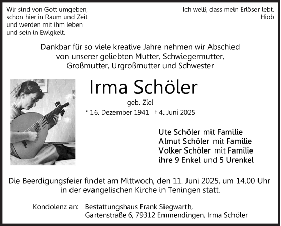 Traueranzeige von Irma Schöler von Siegener Zeitung