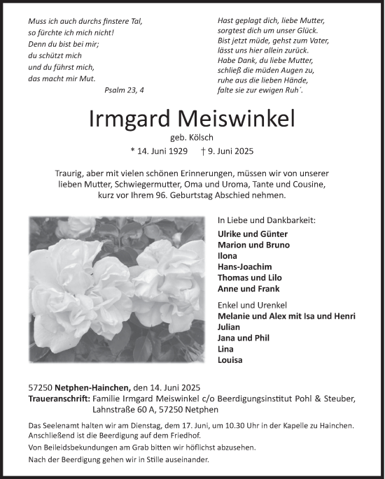 Traueranzeige von Irmgard Meiswinkel von Siegener Zeitung