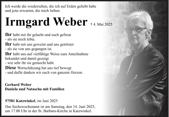 Traueranzeige von Irmgard Weber von Siegener Zeitung