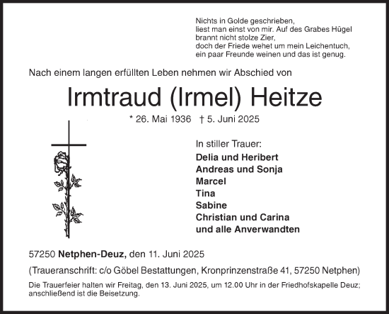 Traueranzeige von Irmtraud Heitze von Siegener Zeitung