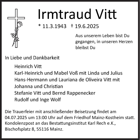 Traueranzeige von Irmtraud Vitt von Siegener Zeitung