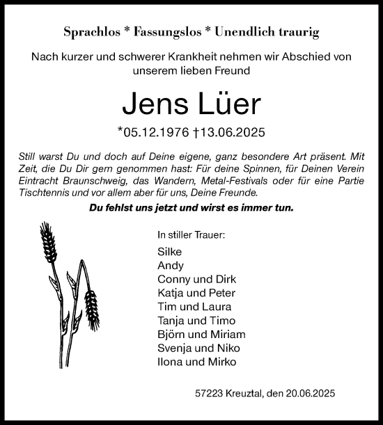 Traueranzeige von Jens Lüer von Siegener Zeitung
