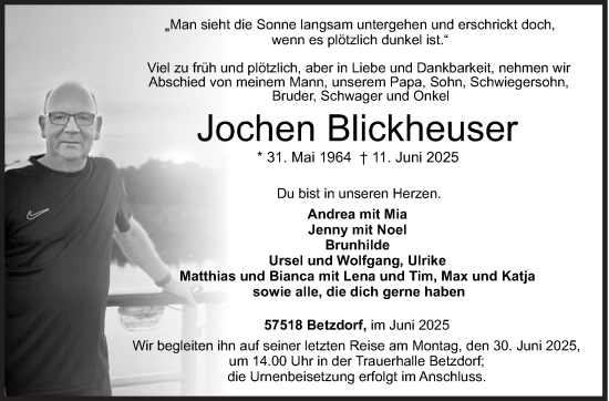 Traueranzeige von Jochen Blickheuser von Siegener Zeitung