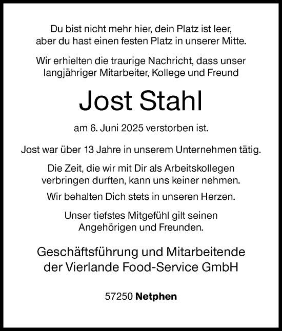 Traueranzeige von Jost Stahl von Siegener Zeitung