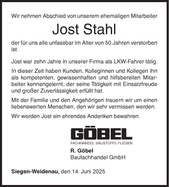 Traueranzeige von Jost Stahl von Siegener Zeitung
