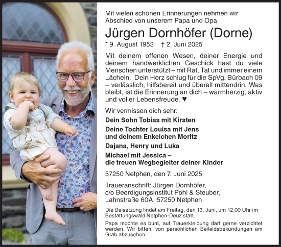 Traueranzeige von Jürgen Dornhöfer von Siegener Zeitung