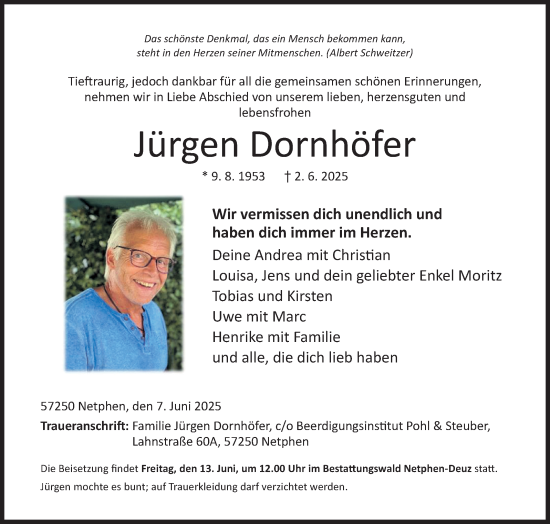 Traueranzeige von Jürgen Dornhöfer von Siegener Zeitung