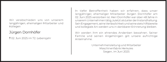 Traueranzeige von Jürgen Dornhöfer von Siegener Zeitung