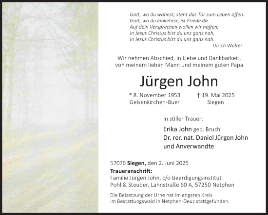 Traueranzeige von Jürgen John von Siegener Zeitung