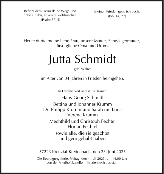 Traueranzeige von Jutta Schmidt von Siegener Zeitung