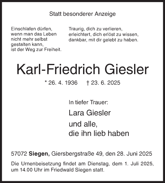 Traueranzeige von Karl-Friedrich Giesler von Siegener Zeitung